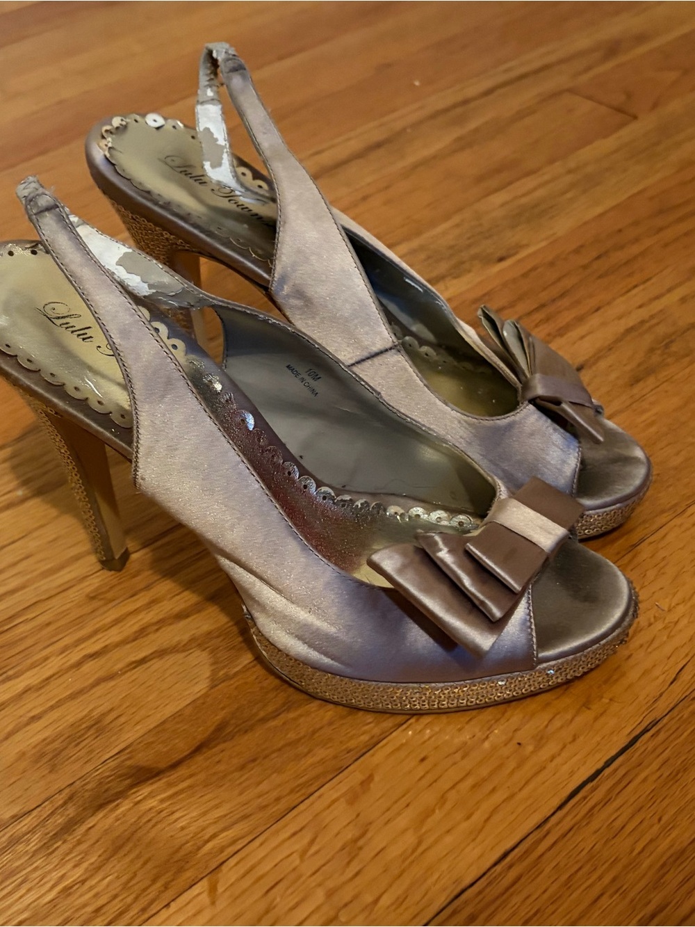 Lulu Townsend Champagne Satin Peep-Toe Slingback Heels with Bow